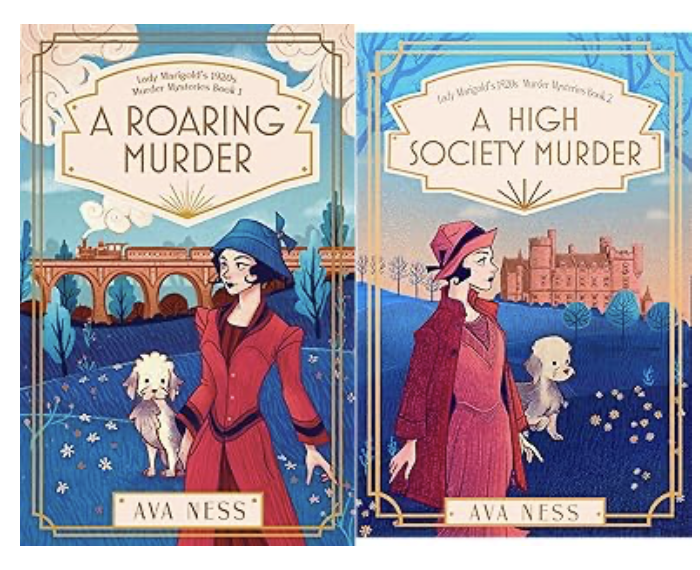 Side-by-side book covers of Lady Marigold’s 1920s Murder Mysteries by Ava Ness. On the left, A Roaring Murder shows Lady Marigold in a red coat and blue hat, standing with her white terrier in front of a train and arched bridge. On the right, A High Society Murder features Marigold in a crimson outfit and hat, with the dog beside her and a grand English manor in the background, set against a dusky blue landscape.